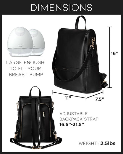 MIA + SOPHIA Leather Diaper Bag Backpack with USB Charging port, Changing Pad, Stroller Straps (Black Mia)