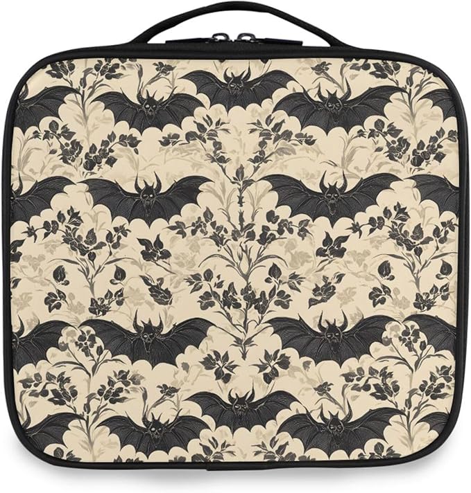 MNSRUU Travel Makeup Bag, Bats and Flowers Vintage Women Makeup Case Organizer Cosmetic Toiletry Bag for Teenage Girl with Adjustable Dividers