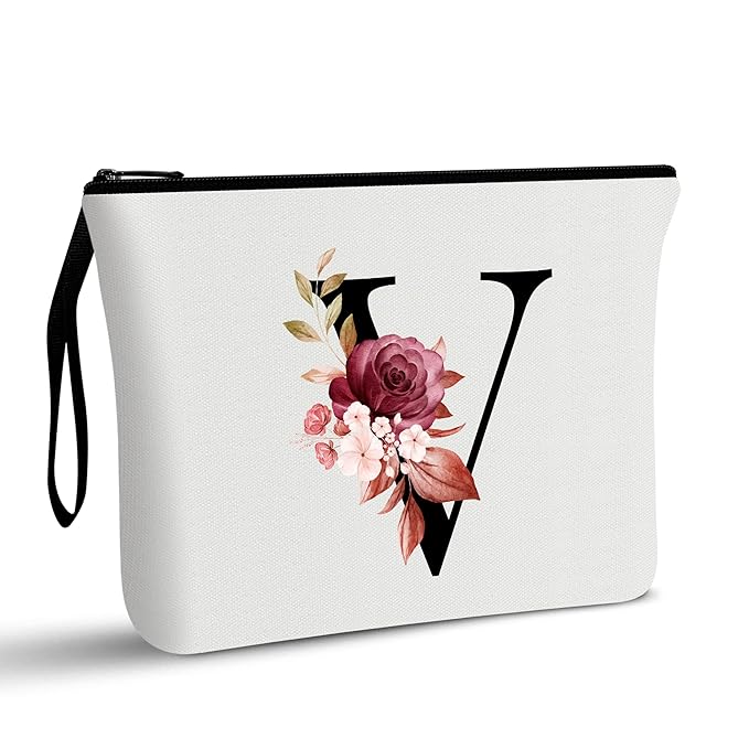 Vavabox A-Z Personalized Makeup Bag, Birthday Gifts for Women Mom, Gifts for Best Friend, Bride Bridesmaid Cosmetic bag (V, White)