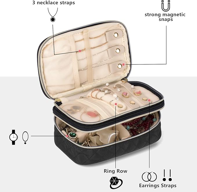 Teamoy Double Layer Jewelry Organizer, Jewelry Travel Case for Rings, Necklaces, Earrings, Bracelets and More(Small, Quilted-Black)