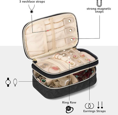 Teamoy Double Layer Jewelry Organizer, Jewelry Travel Case for Rings, Necklaces, Earrings, Bracelets and More(Small, Quilted-Black)