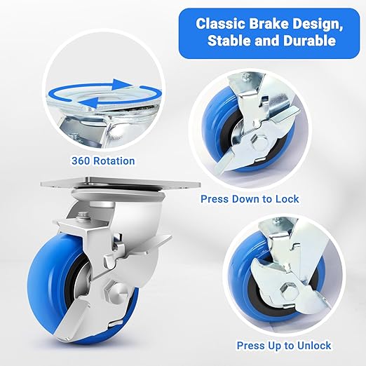 W B D WEIBIDA 4 Inch Heavy Duty Casters, Smooth Rolling Caster Design for Cart Wheels, 2500 LBS Industrial Grade Castors with Upgraded Thickened Bracket, Durable Castors (4 Brake)