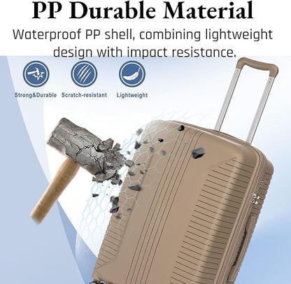 3-Piece PP Hard Shell Spinner Luggage Set (20" 24" 28") with Combination Lock, Adjustable Pull Rod Suitcases, Champagne