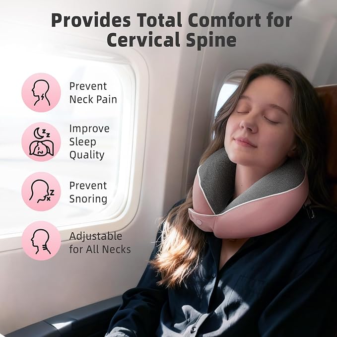 Memory Foam Travel Neck Pillow - with Portable Storage Case, 360° Ergonomic Support for Airplanes & Office, Compact & Portable (Pink)