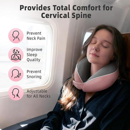 Memory Foam Travel Neck Pillow - with Portable Storage Case, 360° Ergonomic Support for Airplanes & Office, Compact & Portable (Pink)