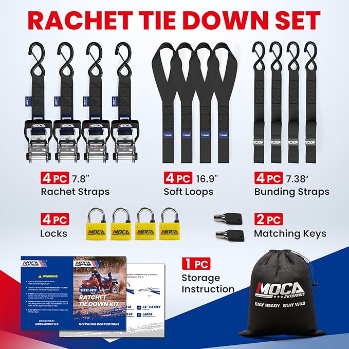 MOCA w/Lock Heavy Duty Ratchet Tie Down Straps, 5200 Lb Breaking Strength, 1.6" x 8 ft Heavy Duty Tie Down Kit with Padded Handles & Coated Chromoly S Hooks & 4 Soft Loops Black