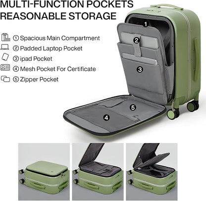 mixi Carry On Luggage, 20'' Suitcases with Spinner Wheels, Rolling Travel Suitcase with Front Laptop Pocket Luggage Aluminum Frame PC Hardside with TSA Lock and Cover, Avocado Green