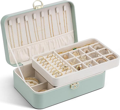 Vlando Jewelry Box Organizer for Women Girls, 2 Layer Jewelry Case with Lock,Jewelry Storage Earrings Necklace,Rings,Gift Box Packaging,Wedding Birthday Gifts Aqua Green