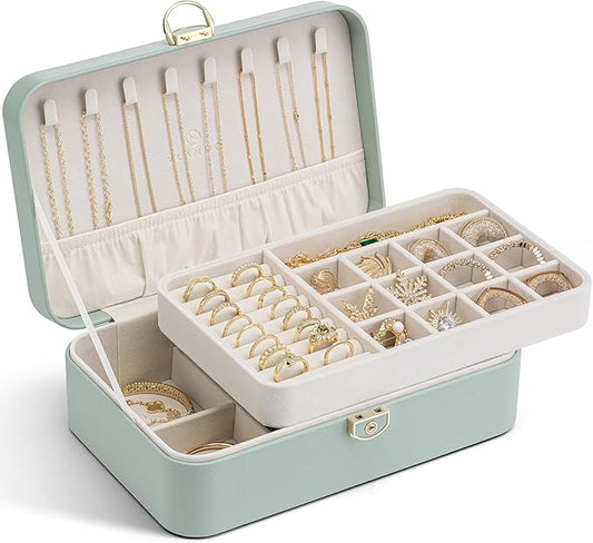 Vlando Jewelry Box Organizer for Women Girls, 2 Layer Jewelry Case with Lock,Jewelry Storage Earrings Necklace,Rings,Gift Box Packaging,Wedding Birthday Gifts Aqua Green