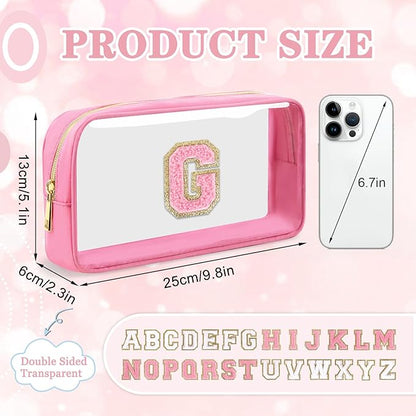 Small Clear Personalized Initial Makeup Bag,Nylon Preppy A-Z Chenille Letter Patch Cosmetic Pouch Beach Toiletry Bag,Waterproof Zipper Travel Purse Storage Bag Organizer for Women Girls(Pink-Pink G)