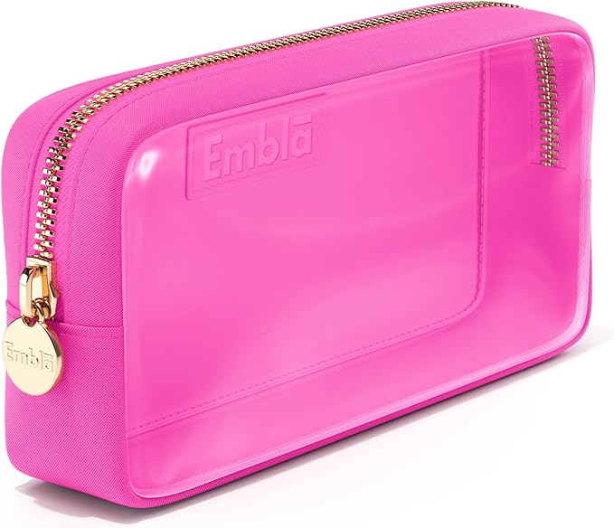 Embla London Makeup Bag Cosmetic Case, Clear Zipper Make Up Pouch and Toiletry Travel Tote, Cute Skincare Pouches for Women Girls, Preppy Purse Cosmetic Organizer, Small Makeup Bags, Bubblegum