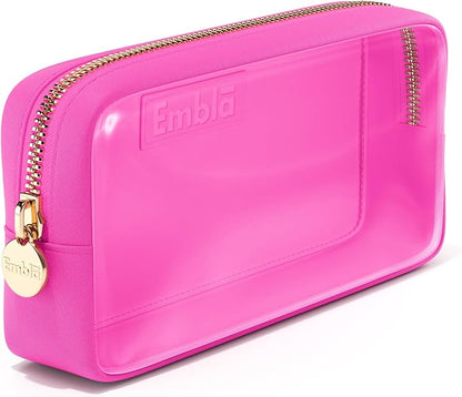 Embla London Makeup Bag Cosmetic Case, Clear Zipper Make Up Pouch and Toiletry Travel Tote, Cute Skincare Pouches for Women Girls, Preppy Purse Cosmetic Organizer, Small Makeup Bags, Bubblegum