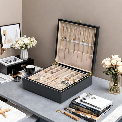 2-layer jewelry box，Jewelry Organizer with Handle，with hanging necklace hooks, detachable jewelry trays, suitable for storing a large amount of jewelry gift box (Large-Black)