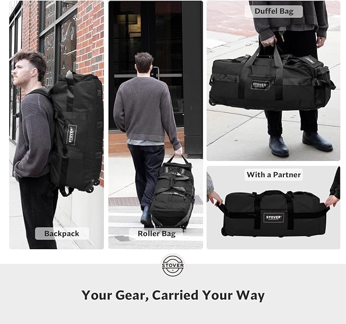 STOVER 80L Rolling Duffel Bag with Wheels, Large 31 Inch Durable Travel Duffle + Toiletry Bag, Heavy Duty, Packable, Foldable w/Shoulder Straps- Use as Luggage or Backpack, Men/Women (Black)