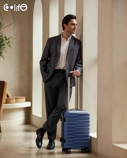 Coolife Carry On Luggage Airline Approved with Wheels Hard Shell Suitcase Spinner TSA Lock Telescopic Handle 20-inch,Blue