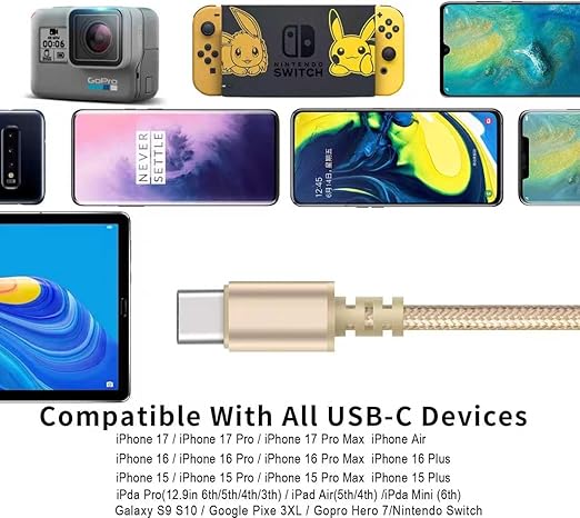 USB to USB C Cable (3Pack 6ft) USB A to Type C Cable Fast Charging Nylon Braided Data Sync Transfer Cord USB C Charger for iPhone 17 Pro Max/17 Air/16e/16 15 Pro/15 Plus/Galaxy S20 S10 Note 20（Golden）