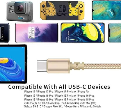 USB to USB C Cable (3Pack 6ft) USB A to Type C Cable Fast Charging Nylon Braided Data Sync Transfer Cord USB C Charger for iPhone 17 Pro Max/17 Air/16e/16 15 Pro/15 Plus/Galaxy S20 S10 Note 20（Golden）