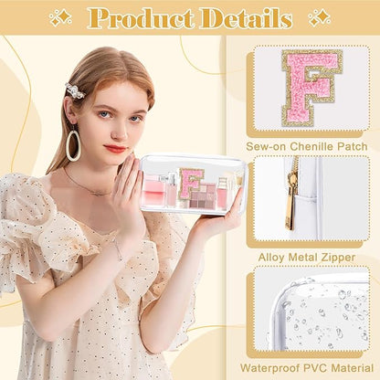 Personalized Initial Letter Clear Makeup Bag,Preppy Small Nylon&PVC Cosmetic Zipper Bag with Chenille Letter,Travel Skincare Toiletry Bag,Monogram Christmas Gift for Teen Girls Women,F
