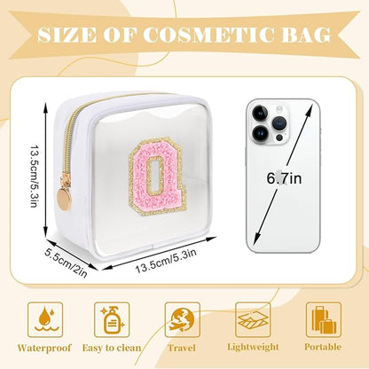 Personalized Initial Letter Clear Preppy Makeup Bag,Mini Nylon Chenille Letter Cosmetic Bag Cute Zipper Pouch Purse for Teen Girls,Portable TSA Approved Beach Travel Essentials Bag Gift for Women,Q