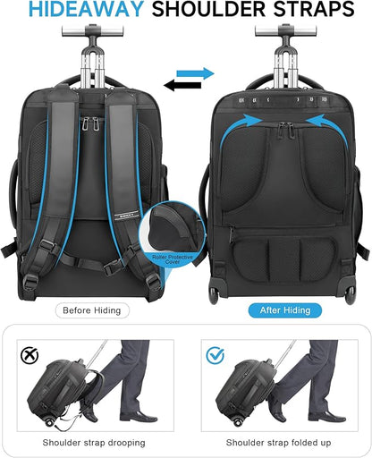 Large Rolling Backpack for Women&Men, 50L Work Backpack with Wheels,17 inch Laptop Backpack with USB Port,TSA Lock Carry On for Business, Travel, College, Teacher