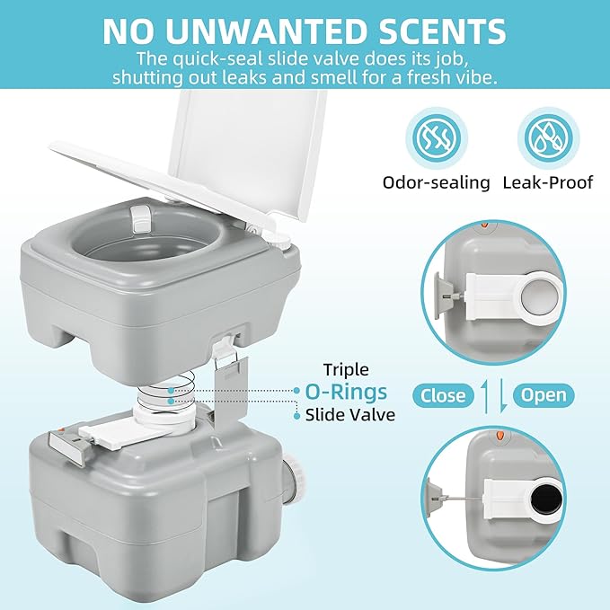 YITAMOTOR Portable Toilet for Camping, Porta Potty Toilet with 5.3 Gal Waste Tank & 2.6 Gal Flush Tank, Bag, Sprayer, T-type Outlet, Level indicator, Anti-Leak Odor-Sealing Slide Valve for RV Outdoors