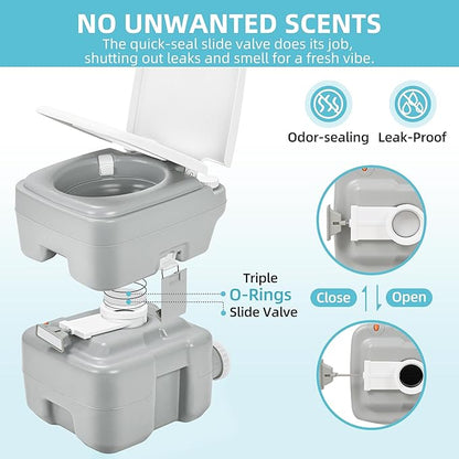 YITAMOTOR Portable Toilet for Camping, Porta Potty Toilet with 5.3 Gal Waste Tank & 2.6 Gal Flush Tank, Bag, Sprayer, T-type Outlet, Level indicator, Anti-Leak Odor-Sealing Slide Valve for RV Outdoors