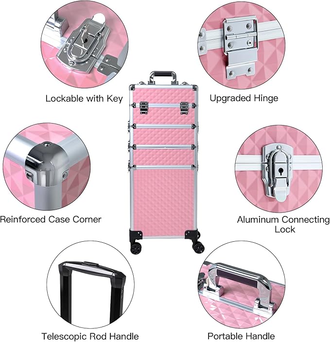 Professional Rolling Makeup Case, Cosmetology Case on Wheels 4 in 1 Large Cosmetic Train Case, Ideal Gift for Hairstylist, Nail Techs, Portable Beauty Organizer for Travel or Salon Use,pink