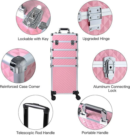 Professional Rolling Makeup Case, Cosmetology Case on Wheels 4 in 1 Large Cosmetic Train Case, Ideal Gift for Hairstylist, Nail Techs, Portable Beauty Organizer for Travel or Salon Use,pink