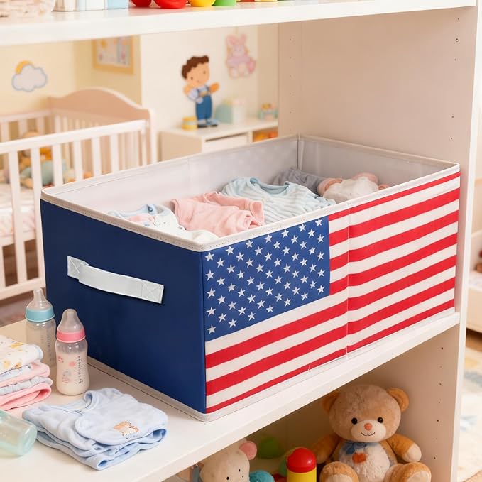 4 Pack Large Oxford Fabric Storage Bins with Beautiful Flag Print, Sturdy Closet Organizers and Storage, Foldable Clothes Organizer Bin with PU Handles, Ideal for Cloth Toys Books Storage Basket