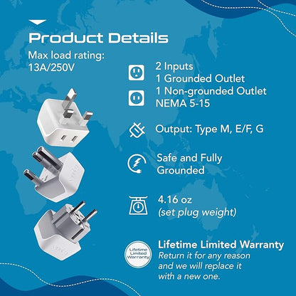 Ceptics African Travel Adapter Set 2 in 1 USA to Africa, S. Africa, Nigeria, Ghana, Uganda (Type M, E/F, Type G) - 3 Pack (Does Not Convert Voltage)