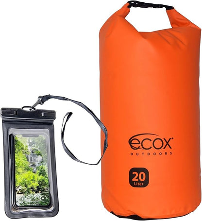 ecox Outdoors Waterproof Dry Bag for Outdoors Activities High Grade 500D PVC Construction Includes Waterproof Phone Case and Side Strap for Easy Carry 10L and 20L Models