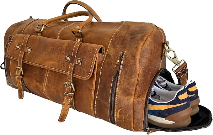 KomalC Leather Duffle Bags for Men and Women Travel Overnight Weekend sports bag holdall Gym Duffel for Men (Distressed Tan, 28 Inch)
