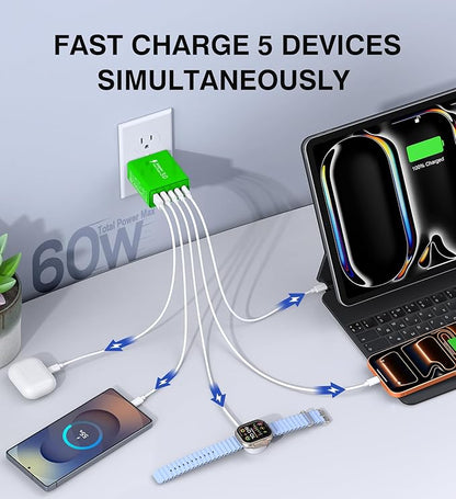 2 Pack 60W USB C Fast Charger Block,5-Port Type C Wall Charger Brick,2 USB A & 3 USB C PD3.0 Power Adapter Multiport Charging Plug Box for iPhone 13/14/15/16/17,Pad Mini/Pro, Cellphones(Green)
