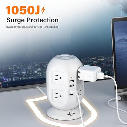 AiJoy Surge Protector Power Strip Tower with 8 Outlets 4 USB Ports(1 USB-C), 10 FT Flat Extension Cord with Multiple Outlets, Charging Tower with Surge Protection for Home Office Dorm Room Essentials