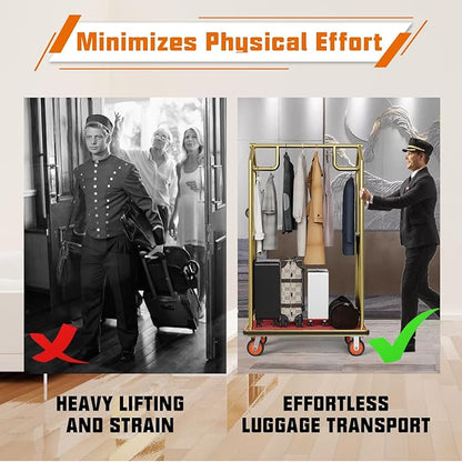 Gold Hotel Luggage Cart,42"x24" Bellman Cart with Baffle Guardrail and 6In Caster Weight Capacity Up to 850LBS Provide Convenience to Guest Gold Finished Hotel Cart Add Elegance to Hotel&Resort