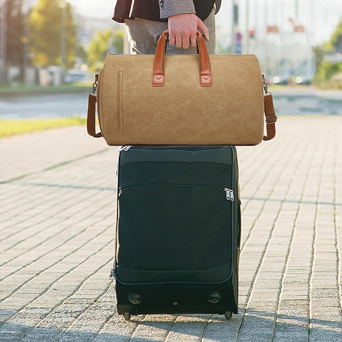 Convertible Garment Duffel Bag, Carry on Garment Bag for Travel Canvas Mens Suit Bag 2 in 1 Foldable Garment Bag with Shoulder Strap Weekender Bag with Shoe Pouch