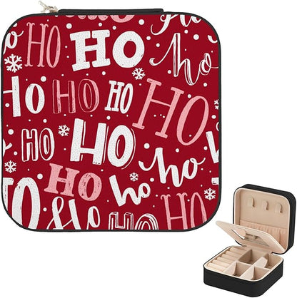 Mini Travel Jewelry Case, Christmas Ho Ho Ho Jewelry Storage Box With Mirror, Pu Leather Small Travel Jewelry Organizer Portable Display Storage Box Gift for Rings, Earrings, Necklaces