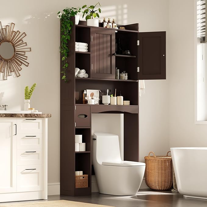 Gizoon Over The Toilet Storage Cabinet, Over Toilet Bathroom Organizer with Adjustable Shelves and 2 Doors, Over Toilet Storage Cabinet with Paper Holder, 2 Side Hooks, Space-Saver, Dark Brown