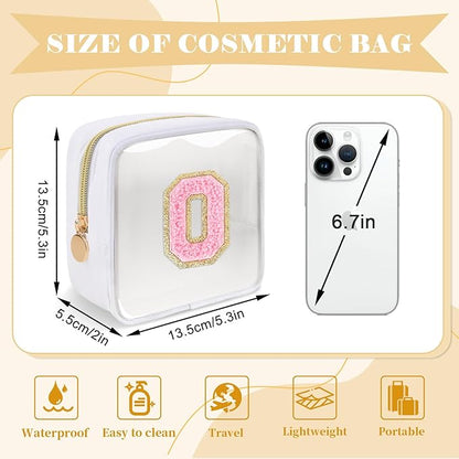 Personalized Initial Letter Clear Preppy Makeup Bag,Mini Nylon Chenille Letter Cosmetic Bag Cute Zipper Pouch Purse for Teen Girls,Portable TSA Approved Beach Travel Essentials Bag Gift for Women,O