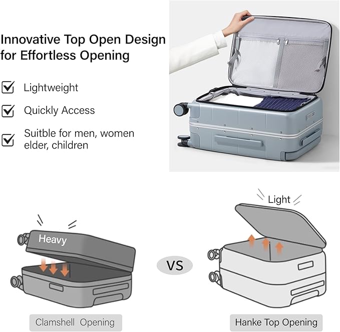 Hanke Top Opening 24 Inch Luggage with Spinner Wheels, Aluminum Frame All-PC Hard Shell Medium Suitcase, Trunk Wide Handle Luggage for Travel, TSA Checked-Medium (Grey, 69L)