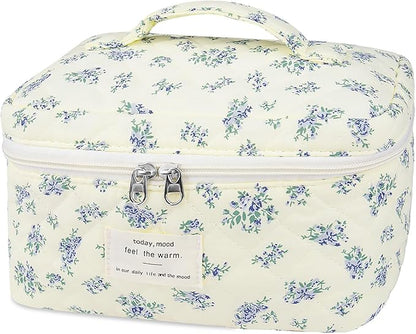 Large Travel Quilted Makeup Bag for Women,Big Floral Cotton Cosmetic Bag, Cute Coquette Aesthetic Floral Toiletry Organizer Bag (Blue Flower)