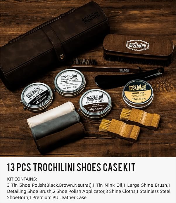 Shoe Polish Kit 13PC Shoe Shine Leather Boot Shoe Care Set Mink Oil Brushes and More for Gentle Care Cleaning