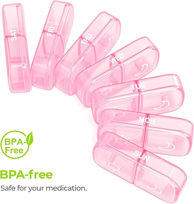 AUVON XL Weekly Pill Organizer 2 Times a Day, Pill Box 7 Day with One-Side Large Openings for Easy to Use, Sakura Pink AM PM Pill Case for Medication, Vitamins, Fish Oils, Supplements