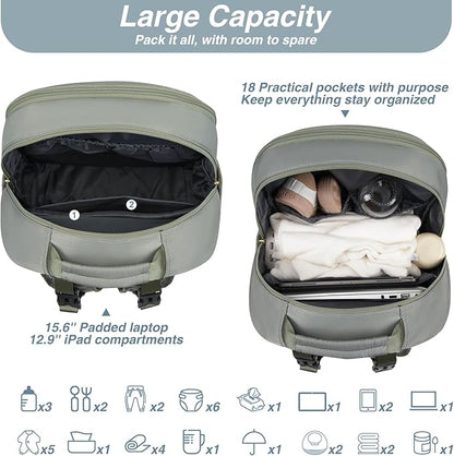 MOMUVO Diaper Bag Backpack, Quilted Baby Bag with Changing Pad & Stroller Straps & Pacifier Case, Multifunction Waterproof Travel Diaper Bags, Unisex, Olive Green