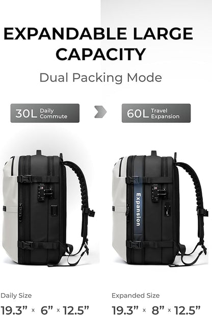 AirVault Vacuum Seal Travel Backpack 60L with Expandable Vortex Air Compression Vacuum System Water Resistant TSA Lock (Vacuum Pump Included, White, 60L)