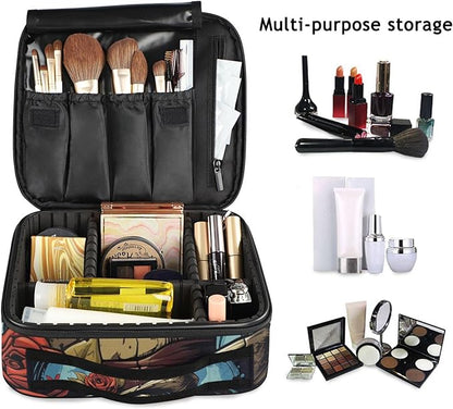 MNSRUU Travel Makeup Bag, Gothic Skull Rose Women Makeup Case Organizer Cosmetic Toiletry Bag for Teenage Girl with Adjustable Dividers