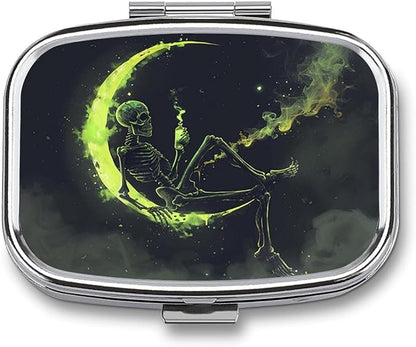 Metal 2 Compartment Pill Organizer Travel Friendly Portable Compact Pill Box Cute Pill Case,for Pocket Wallets Daily Portable Medicine Vitamin Tablet Storage (The Skull on The Moon)