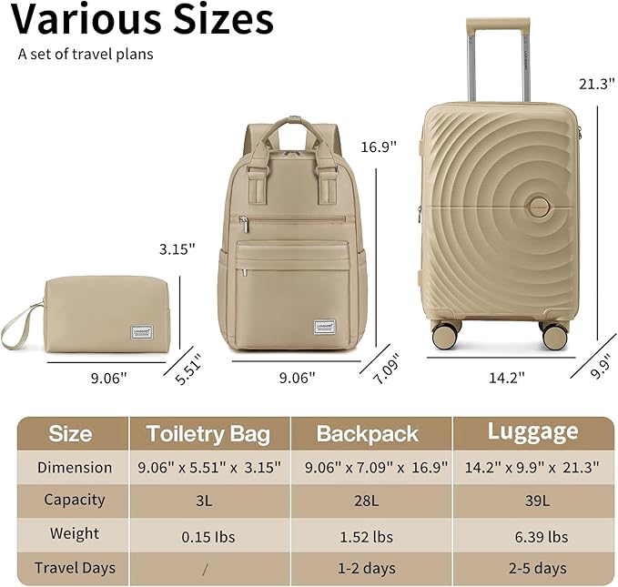 LARVENDER Carry On Luggage 22x14x9 Airline Approved, Expandable PP 20 inch Carry On Suitcases with Wheels, Lightweight Luggage Sets 3 Pieces for Women(CHAMPAGNE/20/BP/TB)