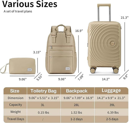 LARVENDER Carry On Luggage 22x14x9 Airline Approved, Expandable PP 20 inch Carry On Suitcases with Wheels, Lightweight Luggage Sets 3 Pieces for Women(CHAMPAGNE/20/BP/TB)