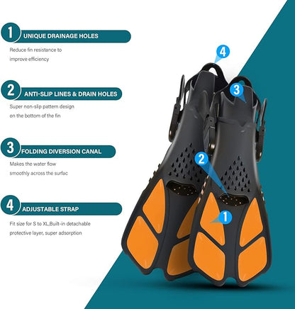 Kids Snorkeling Set Children Mask Fin Snorkel Set Snorkeling Gear Snorkel Mask + Adjustable Swimming Kids Flippers+ Dry Snorkel Tube + Travel Bags
